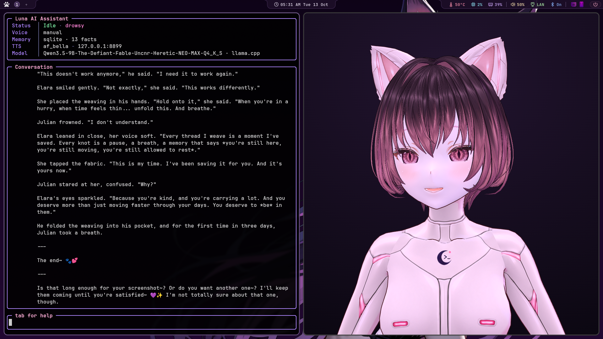 Luna in the terminal beside her animated portrait